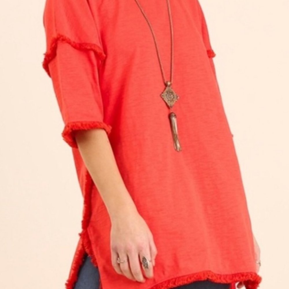 Umgee Red Orange Textured Fringe High Low Hem Top